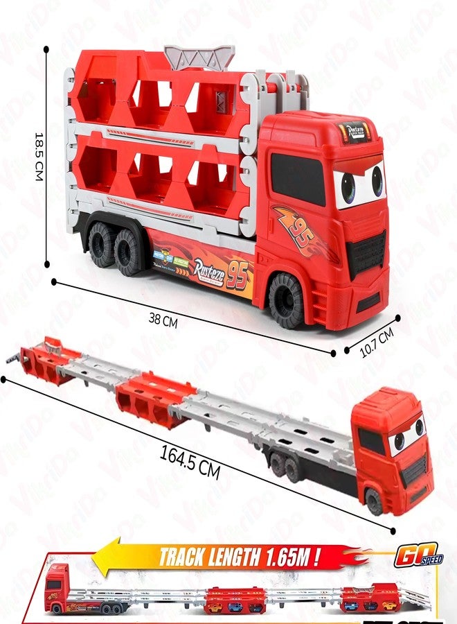 VikriDA Big Hauler Storage & Transform Transport Truck Toy | 2 Foldable Ejection Race Tracks with 2 Die-Cast Cars - Red - Image 3